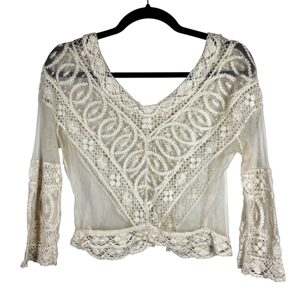 Antique Edwardian Net Lace Blouse Floral Embroidery Crochet Silk Cotton 1900s